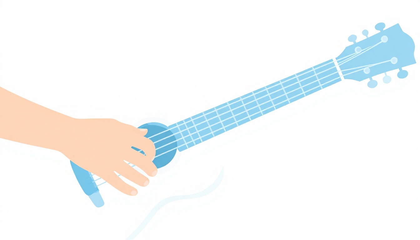 A close up of a left hand fingering an open Em chord on an acoustic guitar neck