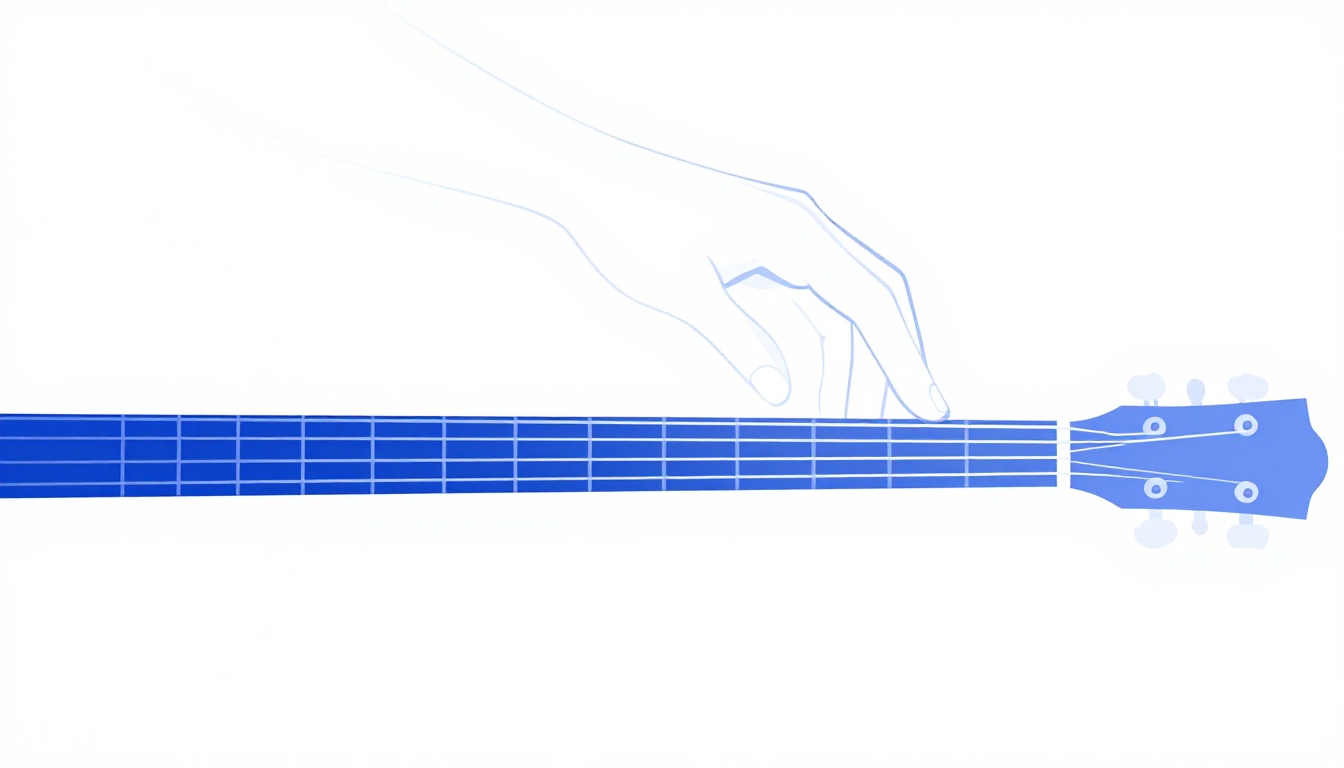 A close up of a left hand reaching down to fret a bass note for a slash chord on a guitar neck