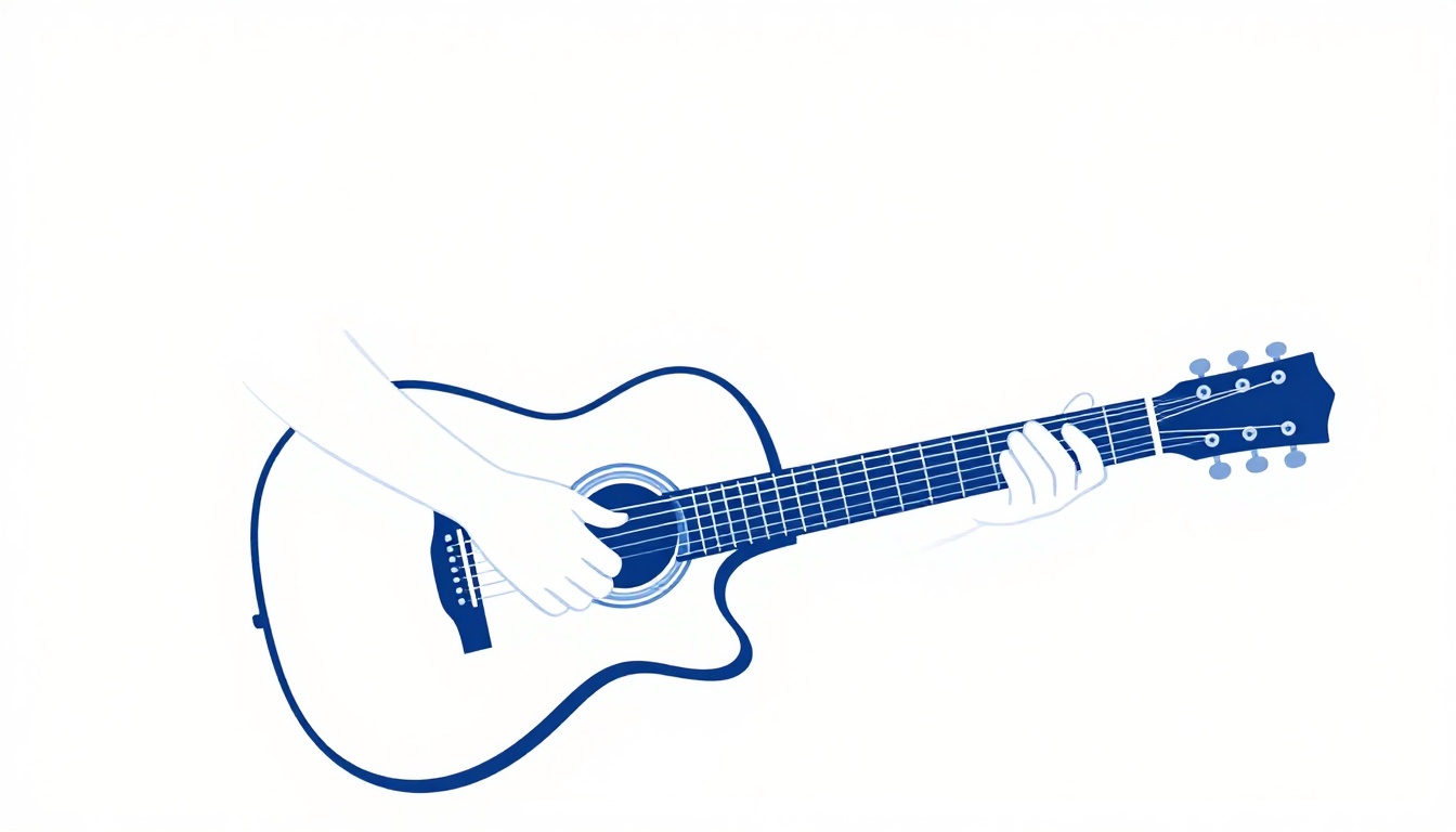 A hand pressing a barre chord shape across the fretboard of an acoustic 12-string guitar