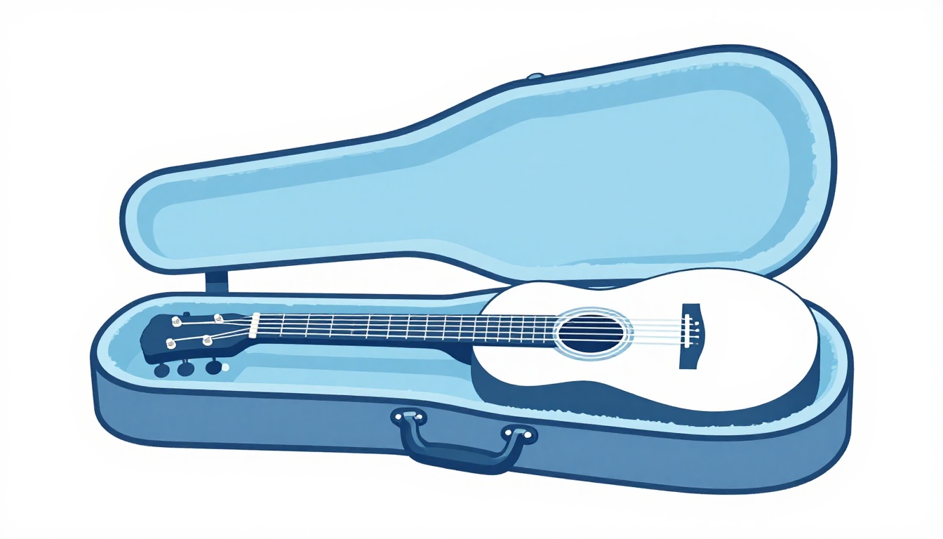 An acoustic guitar resting inside an open guitar case lined with soft fabric