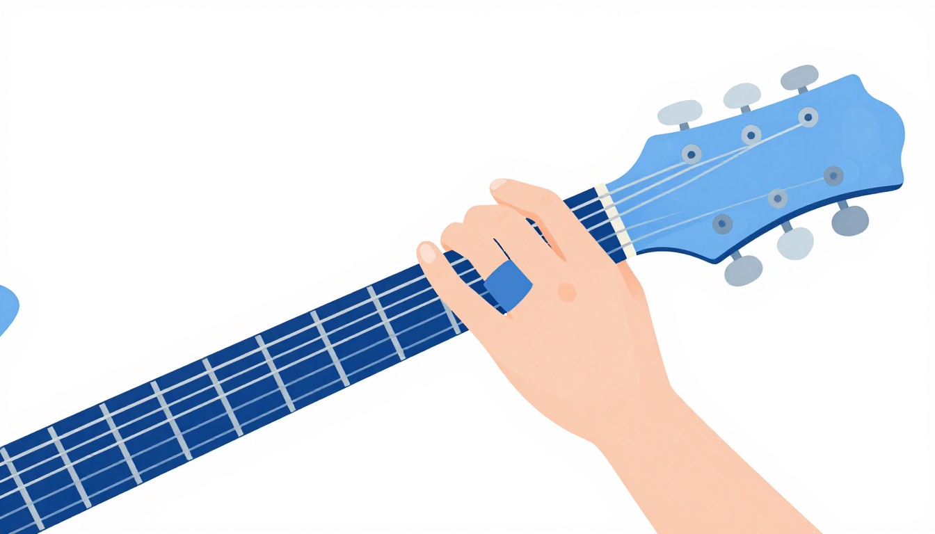 A close-up of a left hand fretting a scale pattern low on an electric guitar neck, fingers spread across three frets