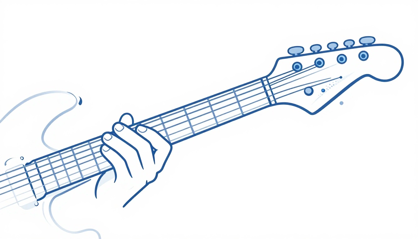A close-up of a left hand hammering onto a fret on an electric guitar string