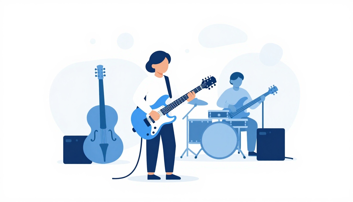 A guitarist playing an electric guitar solo on a small stage with a bassist and drummer nearby