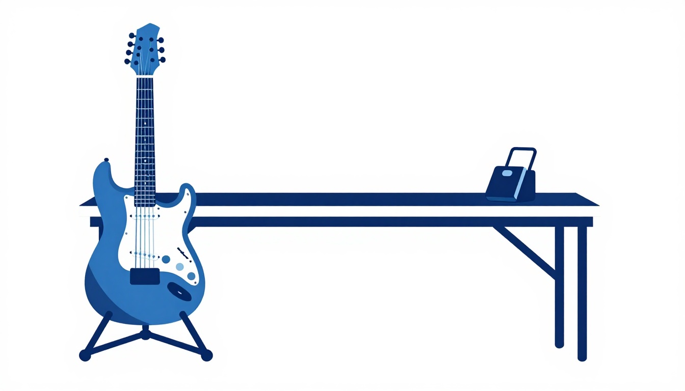 A guitar resting on a stand next to a metronome on a practice desk