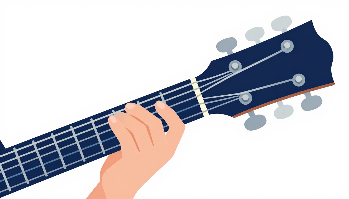 A close-up of a left hand fretting notes low on an acoustic guitar neck near the open strings