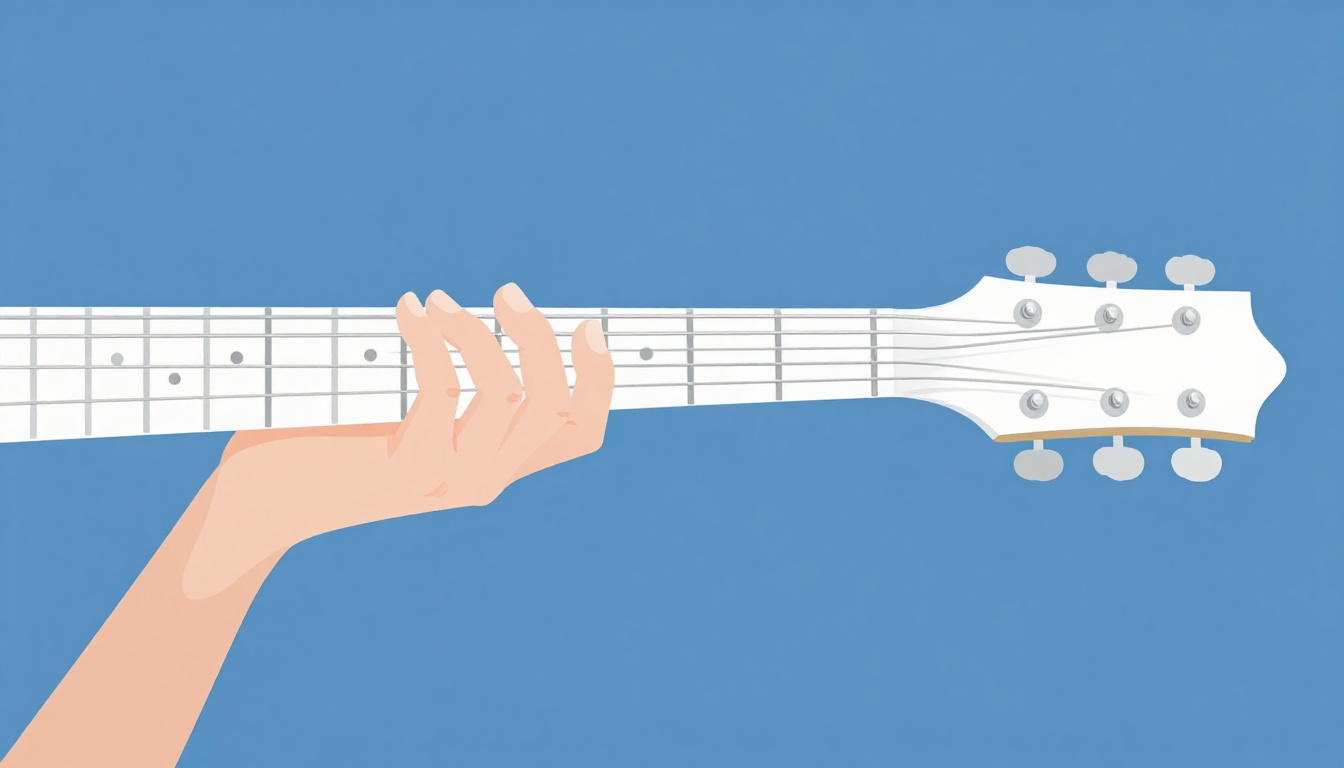 A close-up of a left hand shaping a scale pattern at the fifth fret of an electric guitar neck, fingers spread across three frets