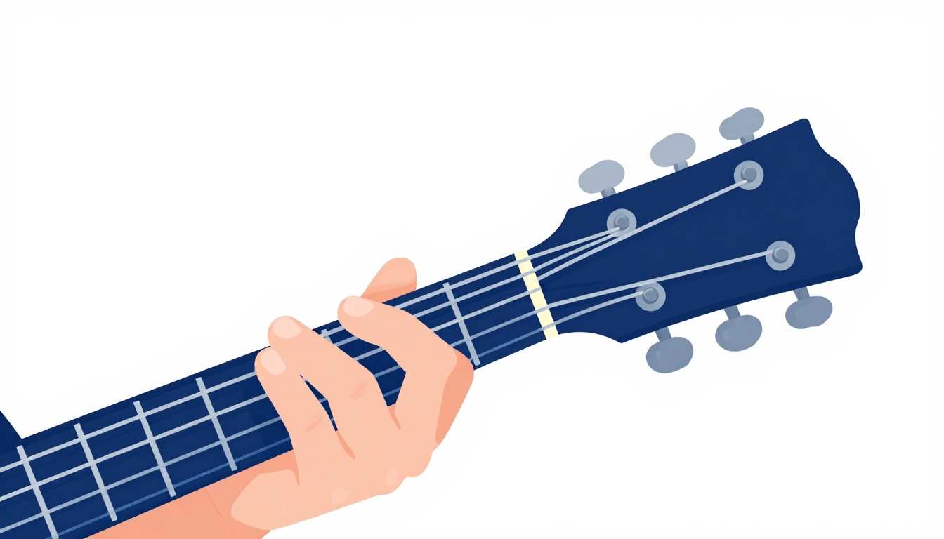 A close-up of a hand stretching a finger to fret a single note near the top of an acoustic guitar neck under dramatic lighting