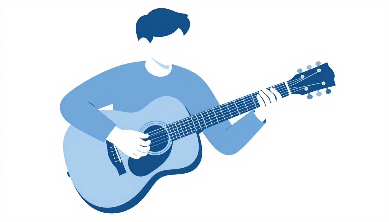 A right hand strumming an acoustic guitar with the left hand shaping a chord low on the neck