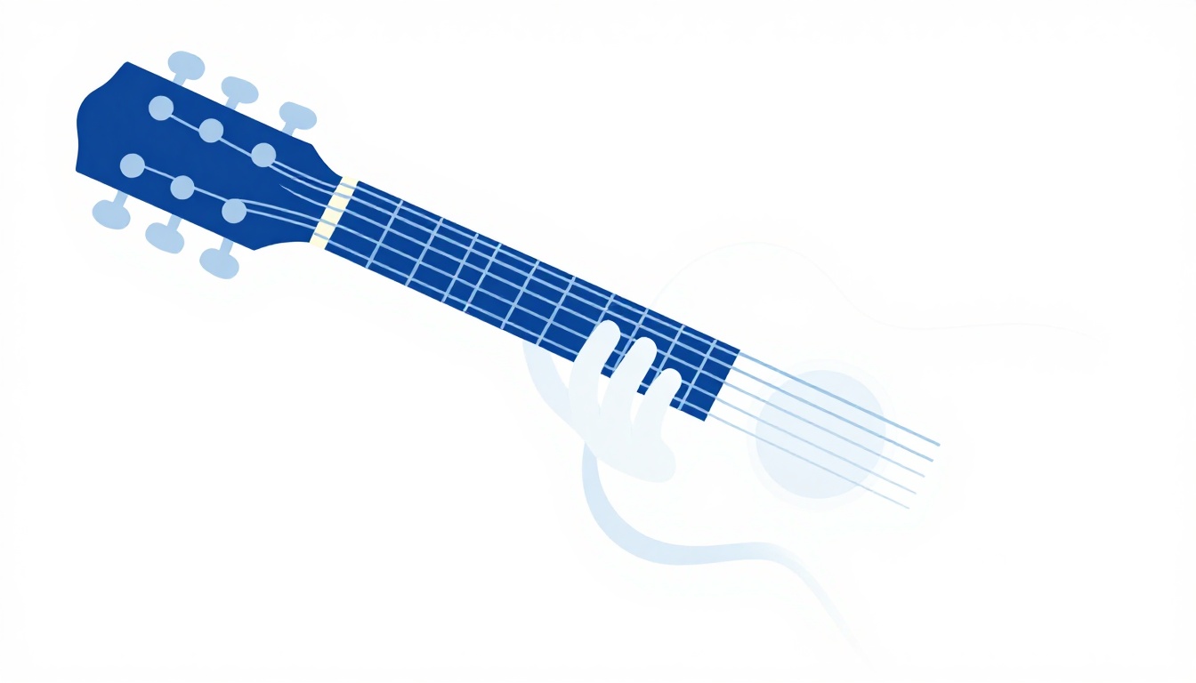 A close-up of a left hand fretting a note on a guitar neck while an adjacent string is visibly muted by a stray finger