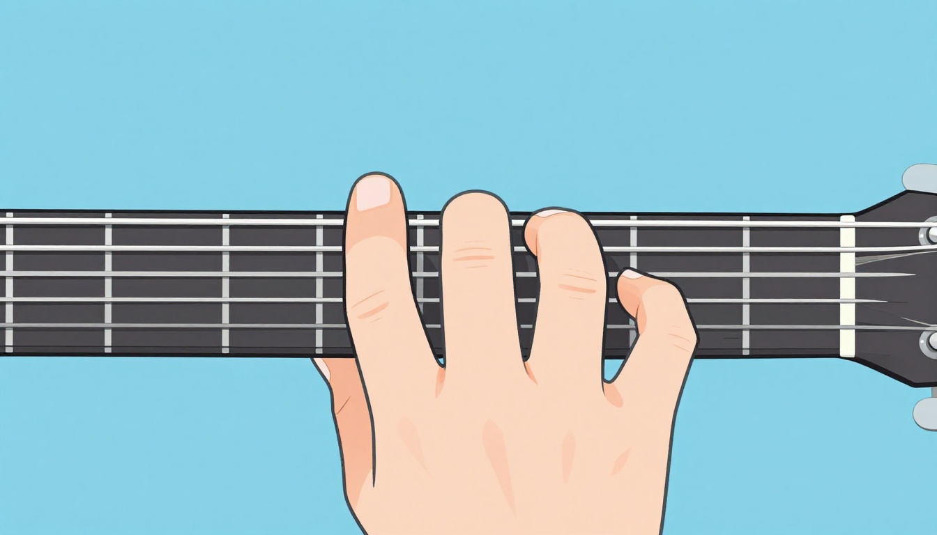A close up of a left hand's index finger barring five strings near the first fret of a guitar neck while three other fingers press down further along the fretboard