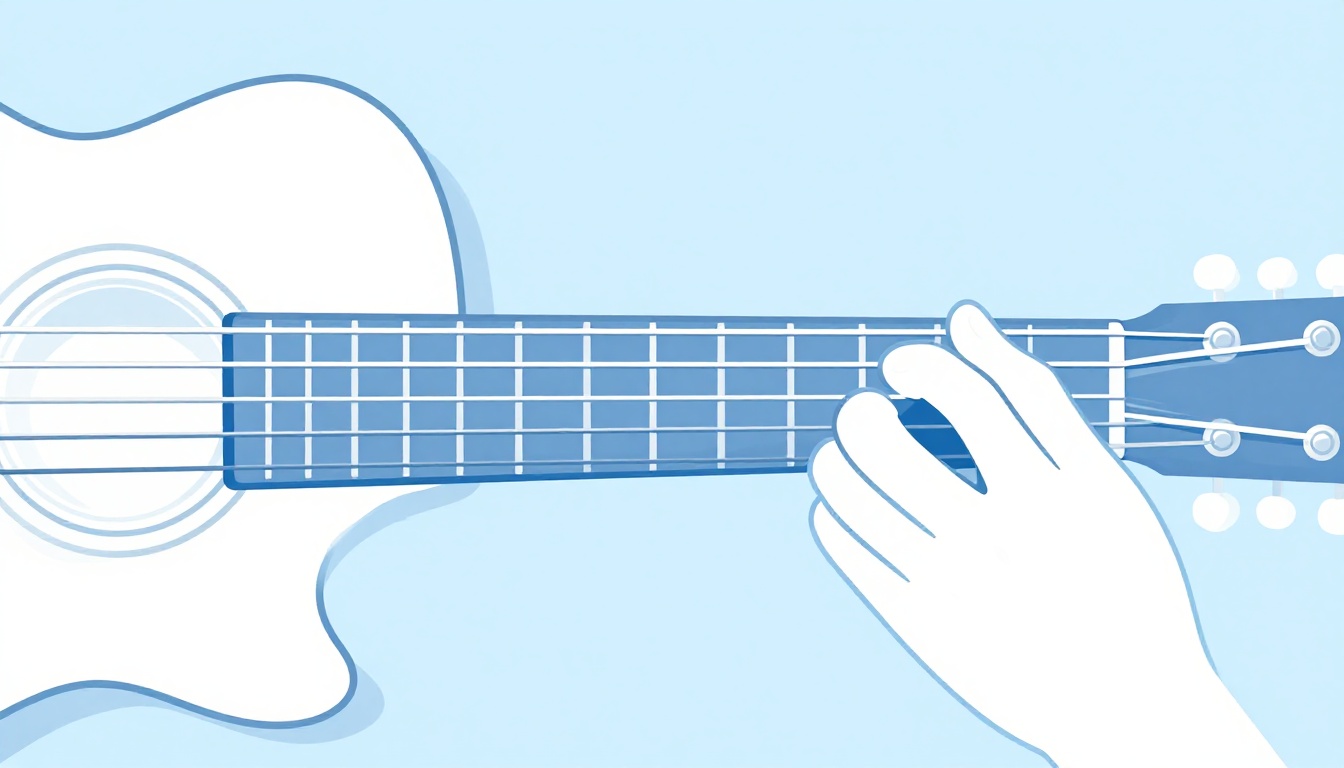 A close up of a left hand fully barring all six strings of a guitar neck with the thumb visible behind the neck