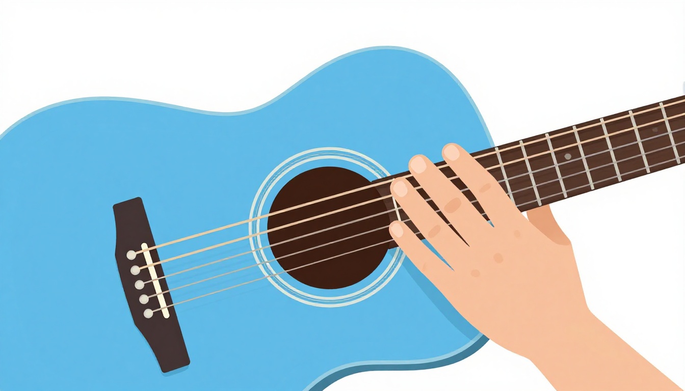 A close up of a metal capo clamped across the first fret of an acoustic guitar neck with a hand fingering an open chord shape just behind it