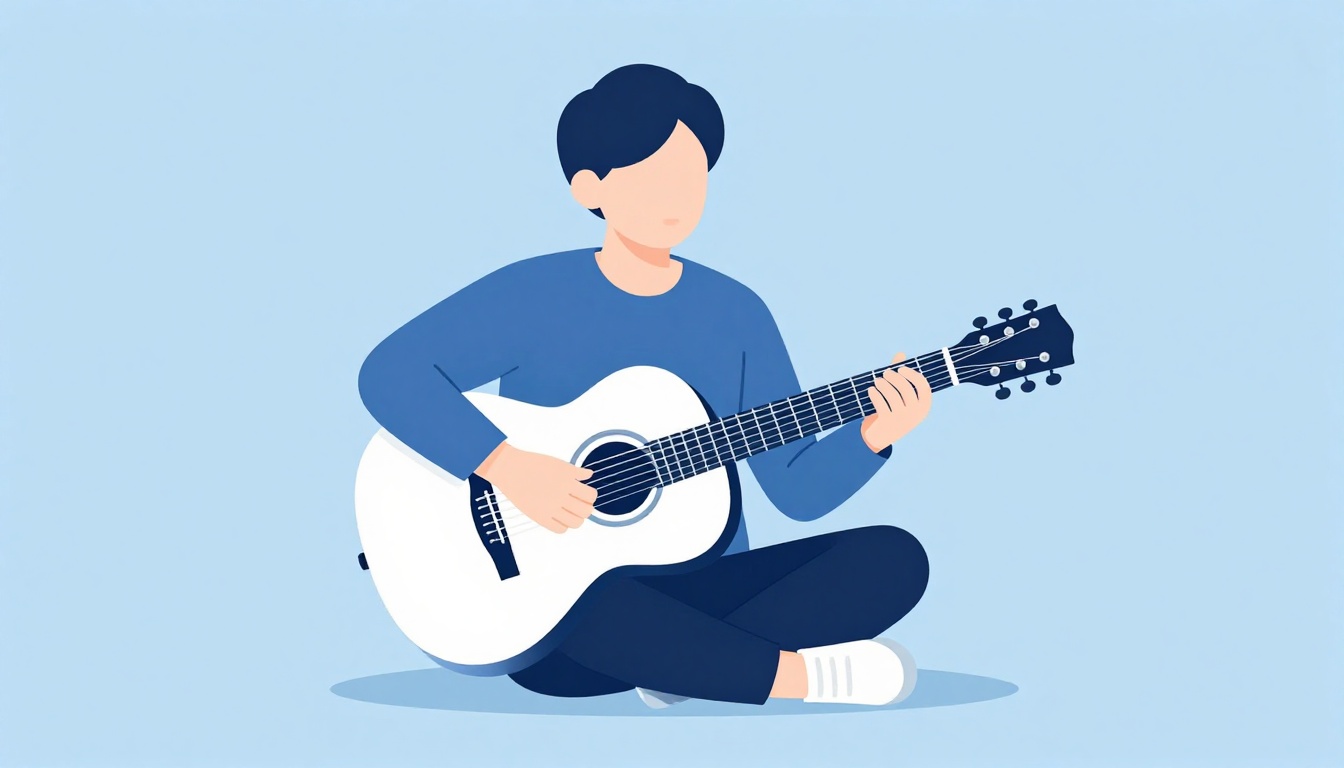 A person sitting and practicing an acoustic guitar at home, focused on their fretting hand