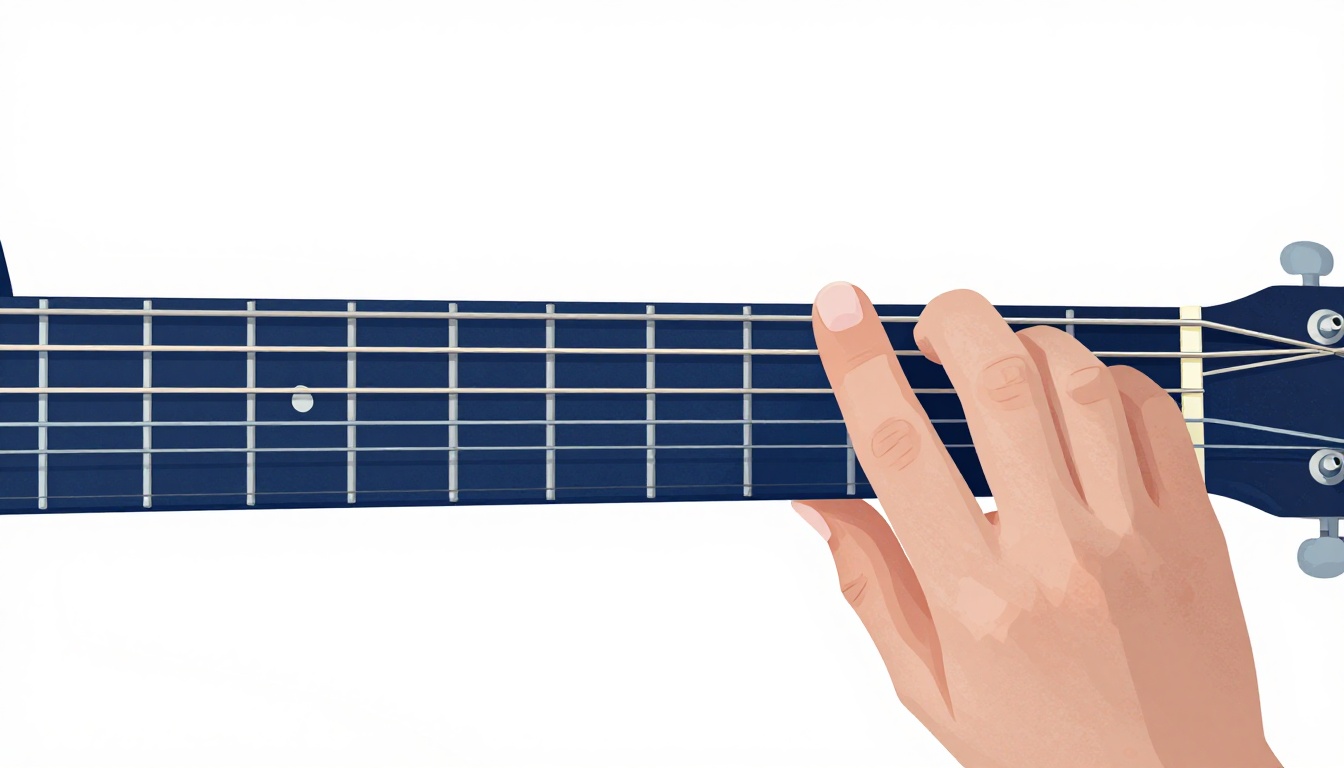 A close-up of a single finger pressing down one string on an acoustic guitar neck while the surrounding strings ring open