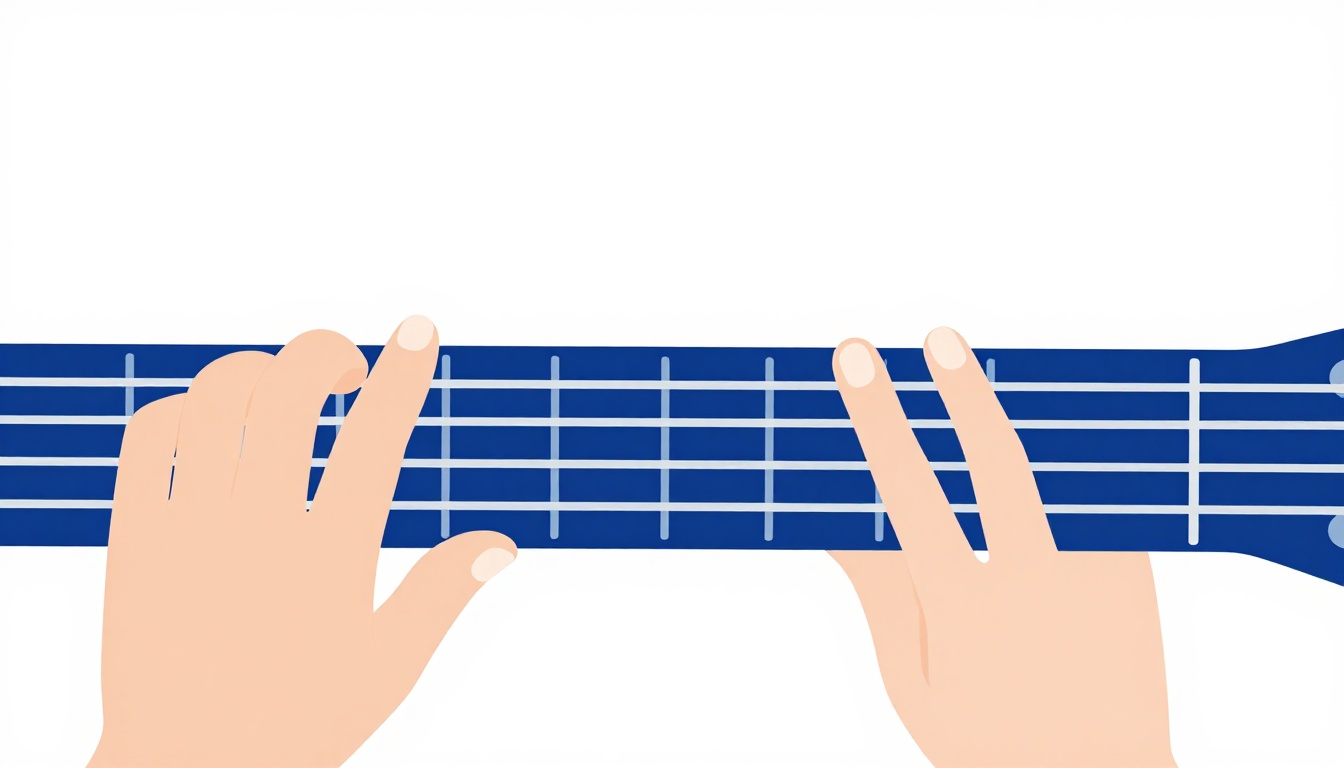 A close-up of a hand barring across the fifth fret of an acoustic guitar neck with two more fingers pressed on higher frets