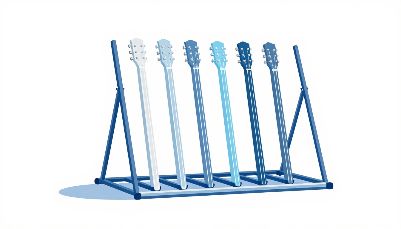 A folded aluminum A-frame guitar stand being unfolded on a wooden floor