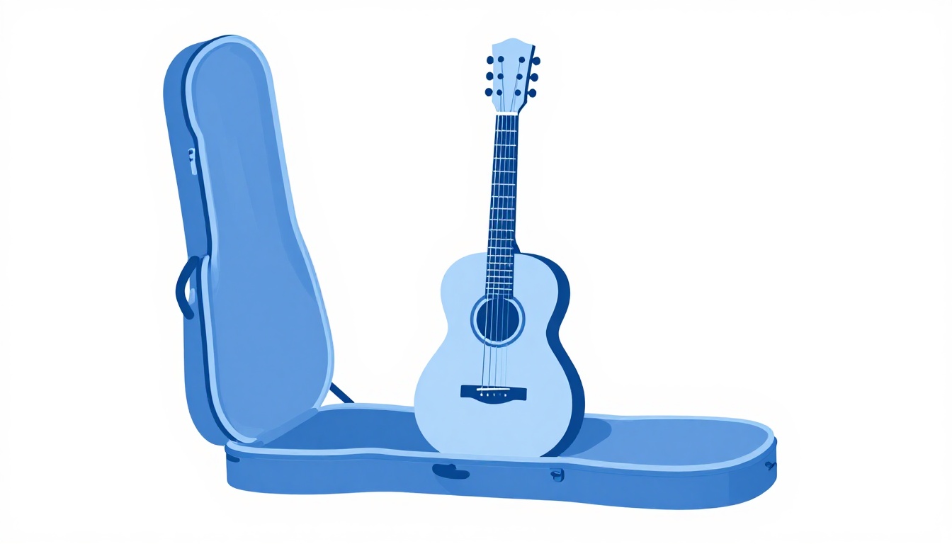 An acoustic guitar case open beside the same guitar standing upright on a stand