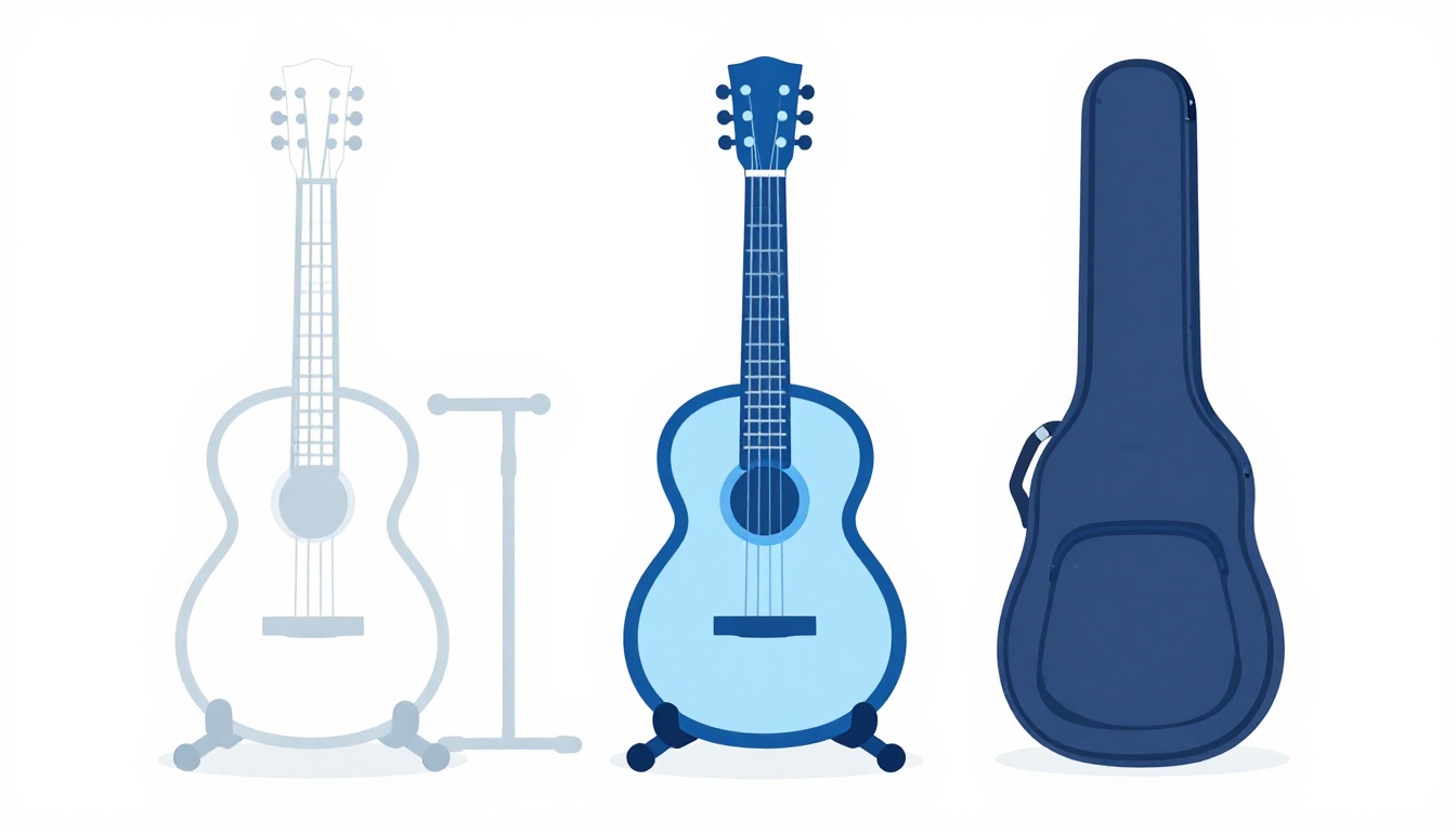 A guitarist packing a folded aluminum stand into a gig bag alongside a guitar case