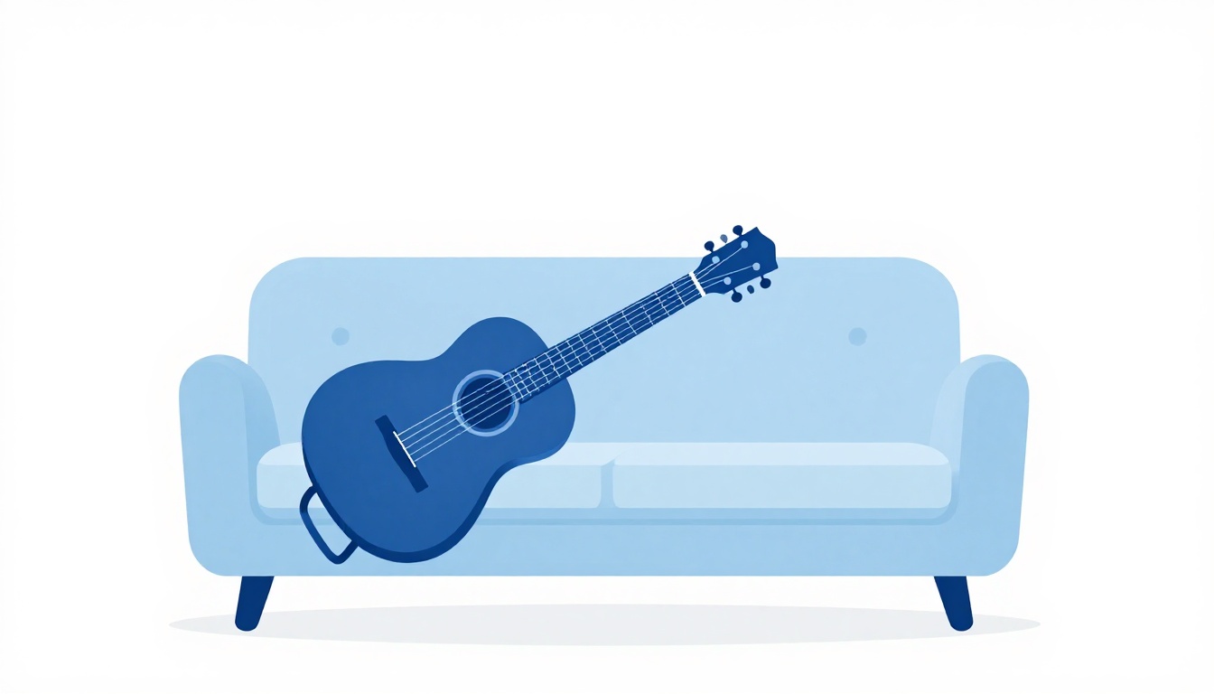 A guitar resting on a stand positioned next to a couch in a living room, within easy reach