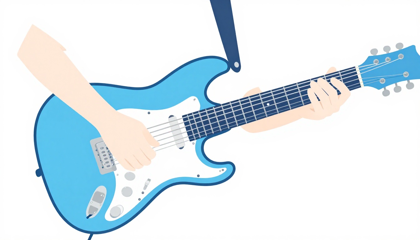 A close-up of a hand lifting a guitar off an aluminum stand to start a practice session