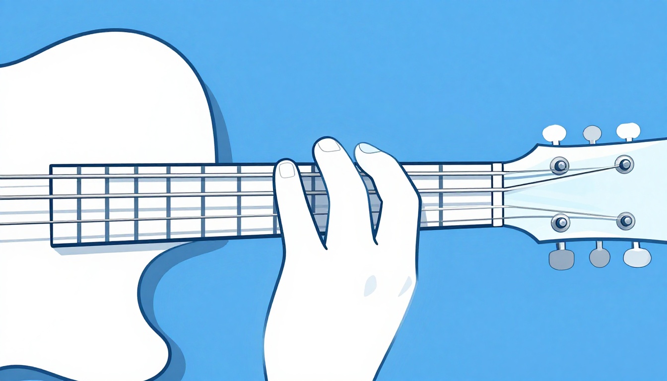 A close up of a left hand index finger barring across a guitar neck at the second fret while three other fingers press down higher frets