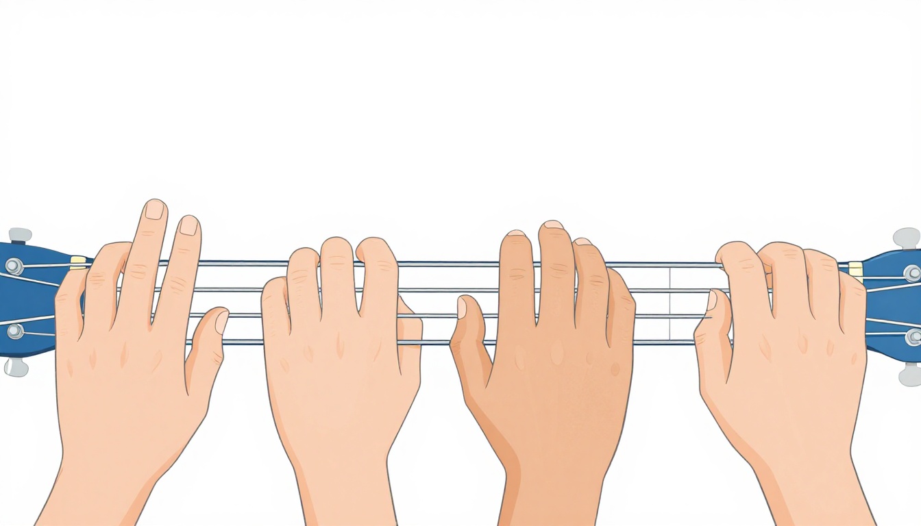A close up of four left hand fingers each pressing a different string on the top half of a guitar fretboard, no barre finger involved