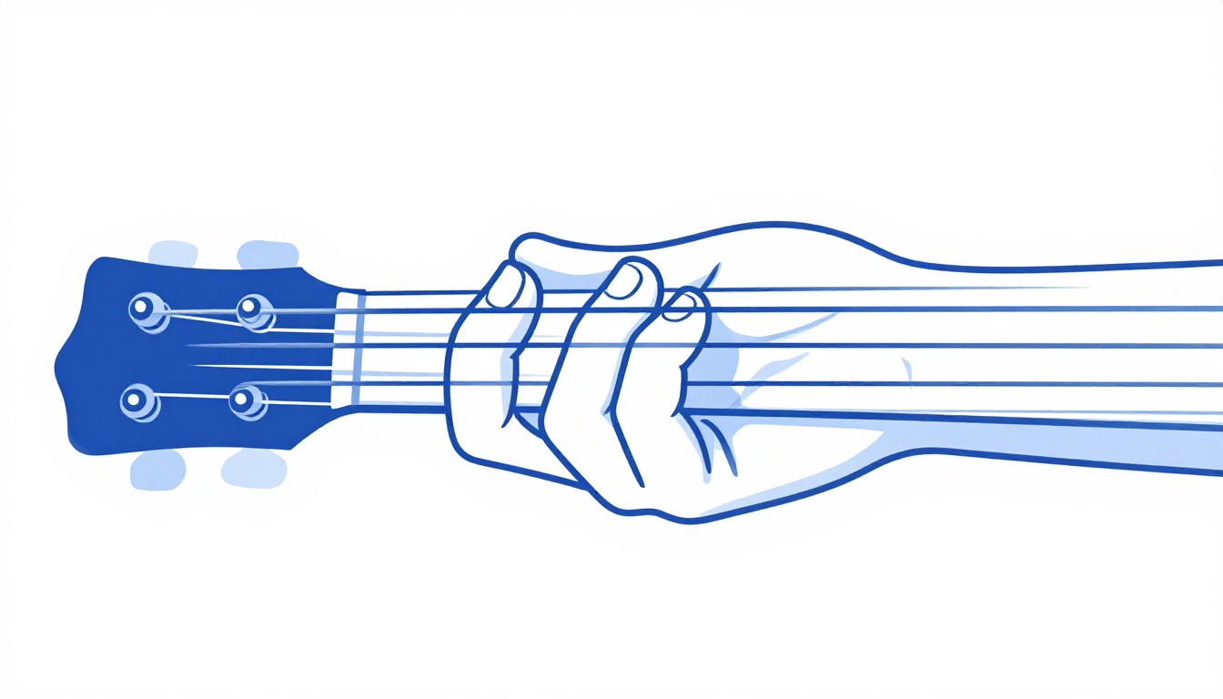 An extreme close up of a guitarist's index finger curled on its side pressing across guitar strings, the bony edge of the finger doing the work