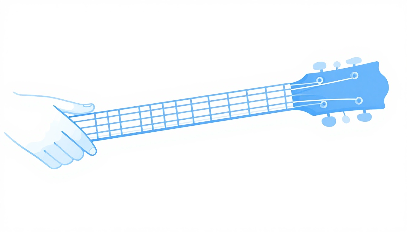 A hand stretching its fingers open in front of a guitar neck, a warm up before playing a barre chord