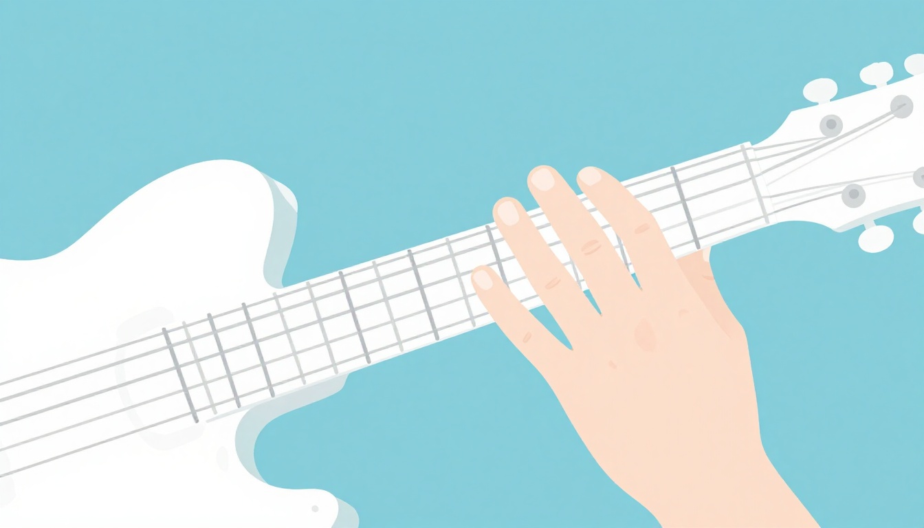 A close up of a left hand barring a guitar neck much higher up near the seventh fret, with three fingers pressing higher strings above the barre