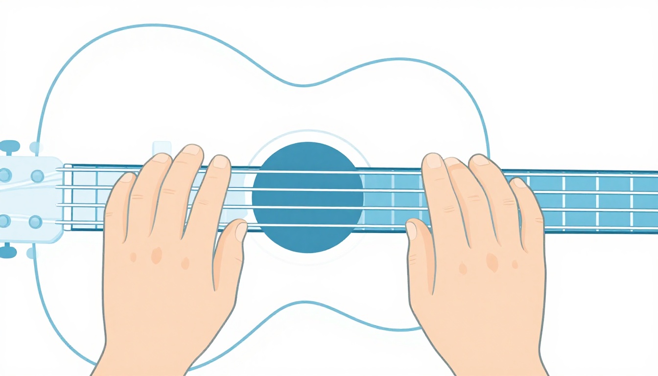 A close up of four left hand fingers each pressing a different string on the top half of a guitar fretboard, no barre finger involved