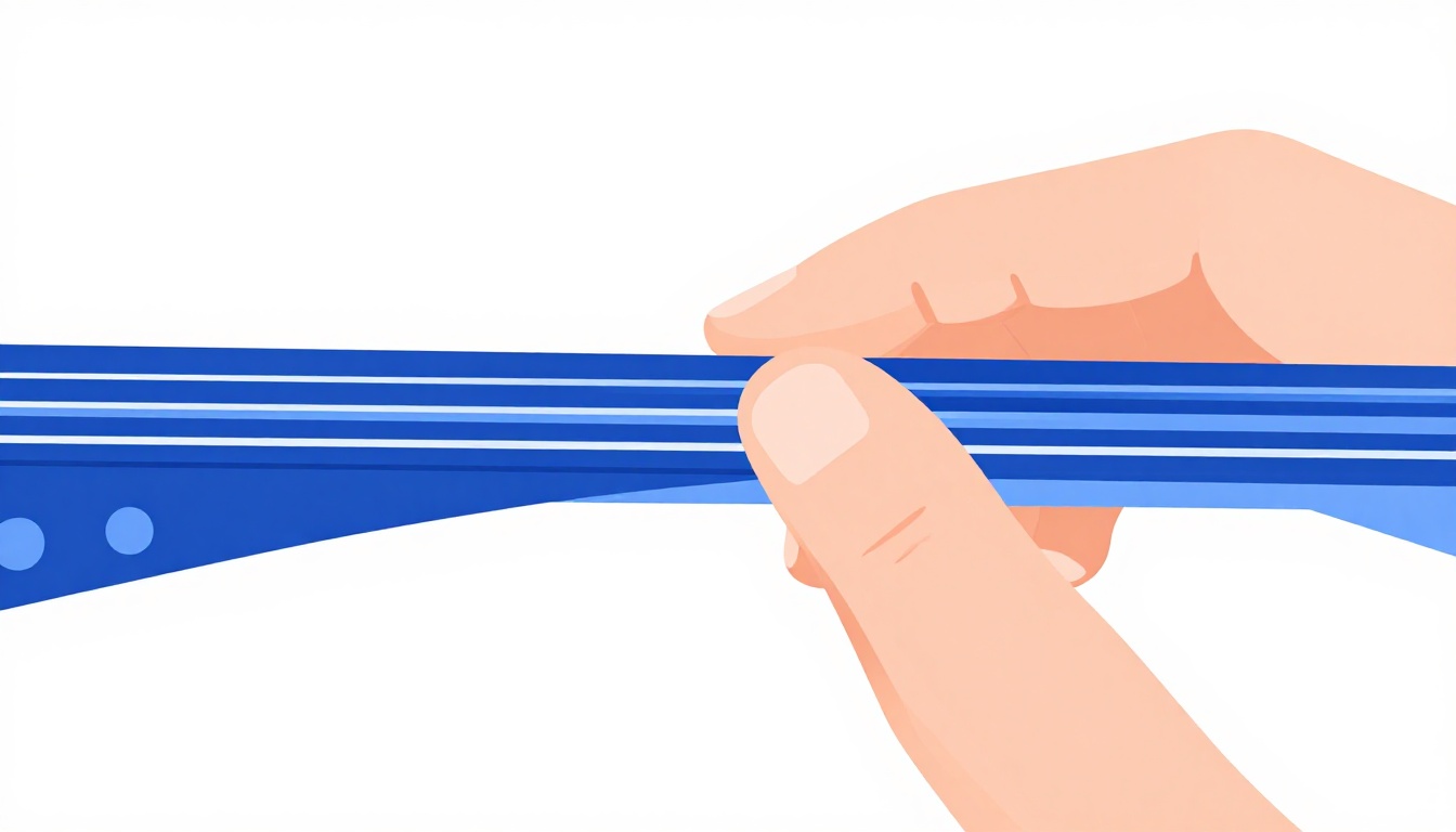 An extreme close up of a guitarist's index finger curled on its side pressing across guitar strings, the bony edge of the finger doing the work