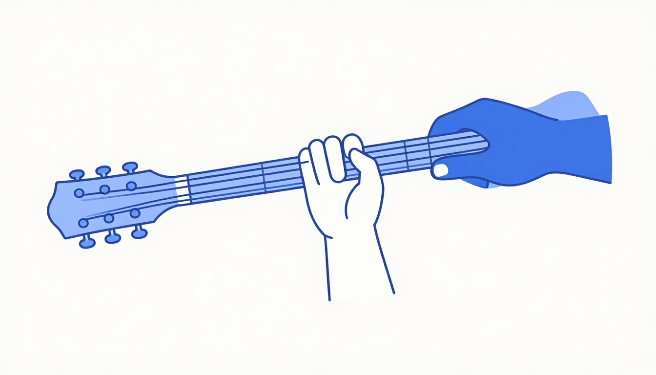 A side view of a hand gripping a guitar neck, the thumb resting low behind the neck while fingers press the strings from above