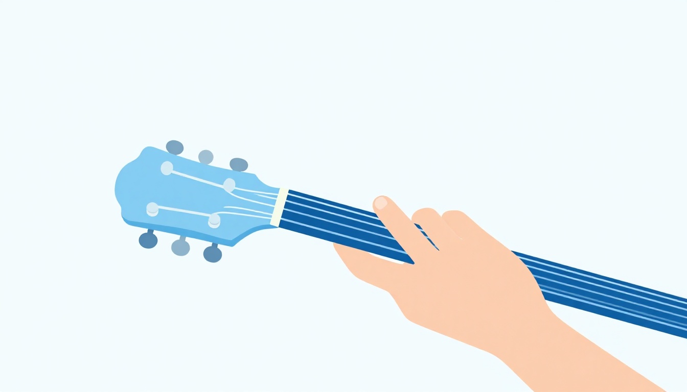 A hand stretching its fingers open in front of a guitar neck, a warm up before playing a barre chord