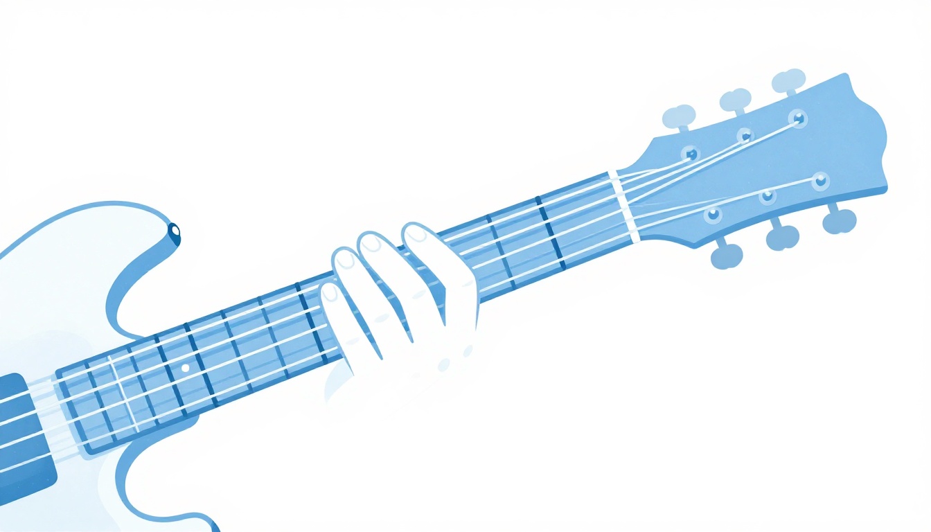 A close up of a left hand barring a guitar neck much higher up near the seventh fret, ring and pinky fingers pressing lower strings