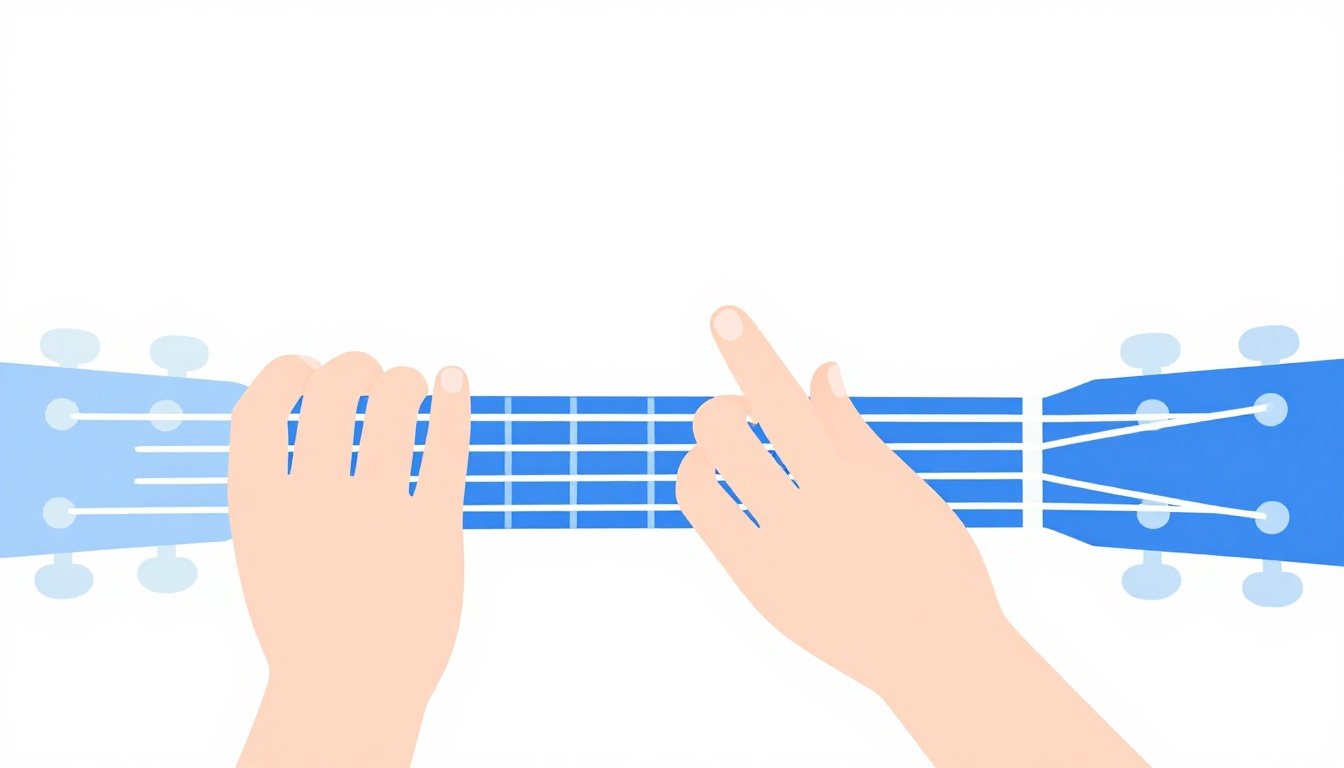 A close up of fingers picking individual strings on a guitar near the second fret, one string ringing open while others are fretted