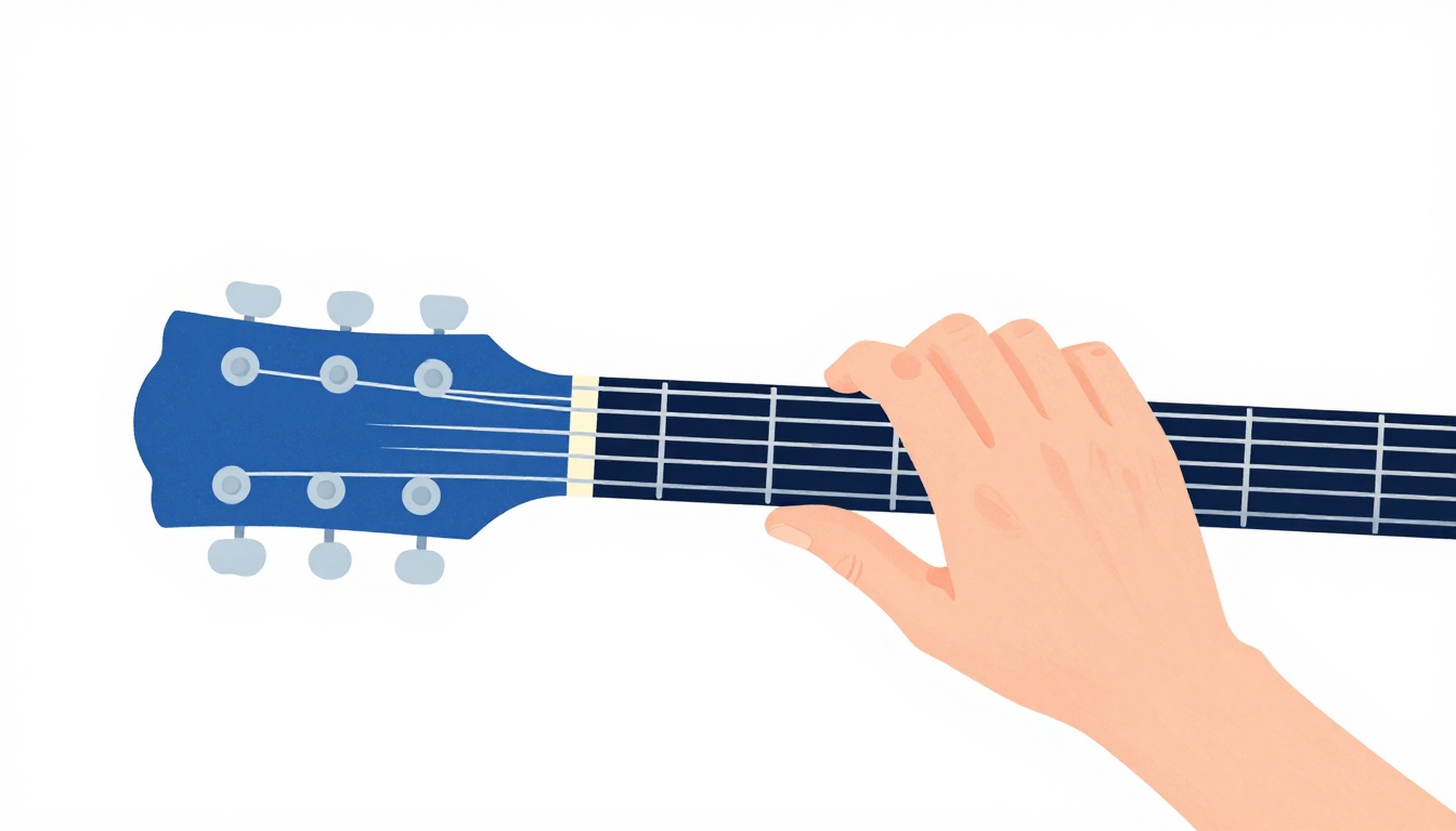 A left hand transitioning between two chord shapes on a guitar neck, fingers lifting off one shape and moving toward another