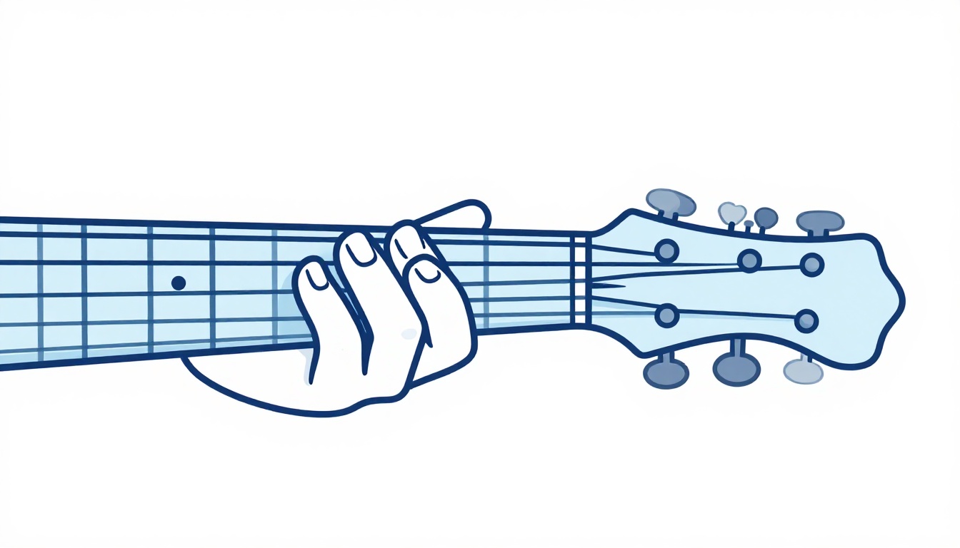 A left hand fretting an open-position chord shape on the neck of a baritone electric guitar