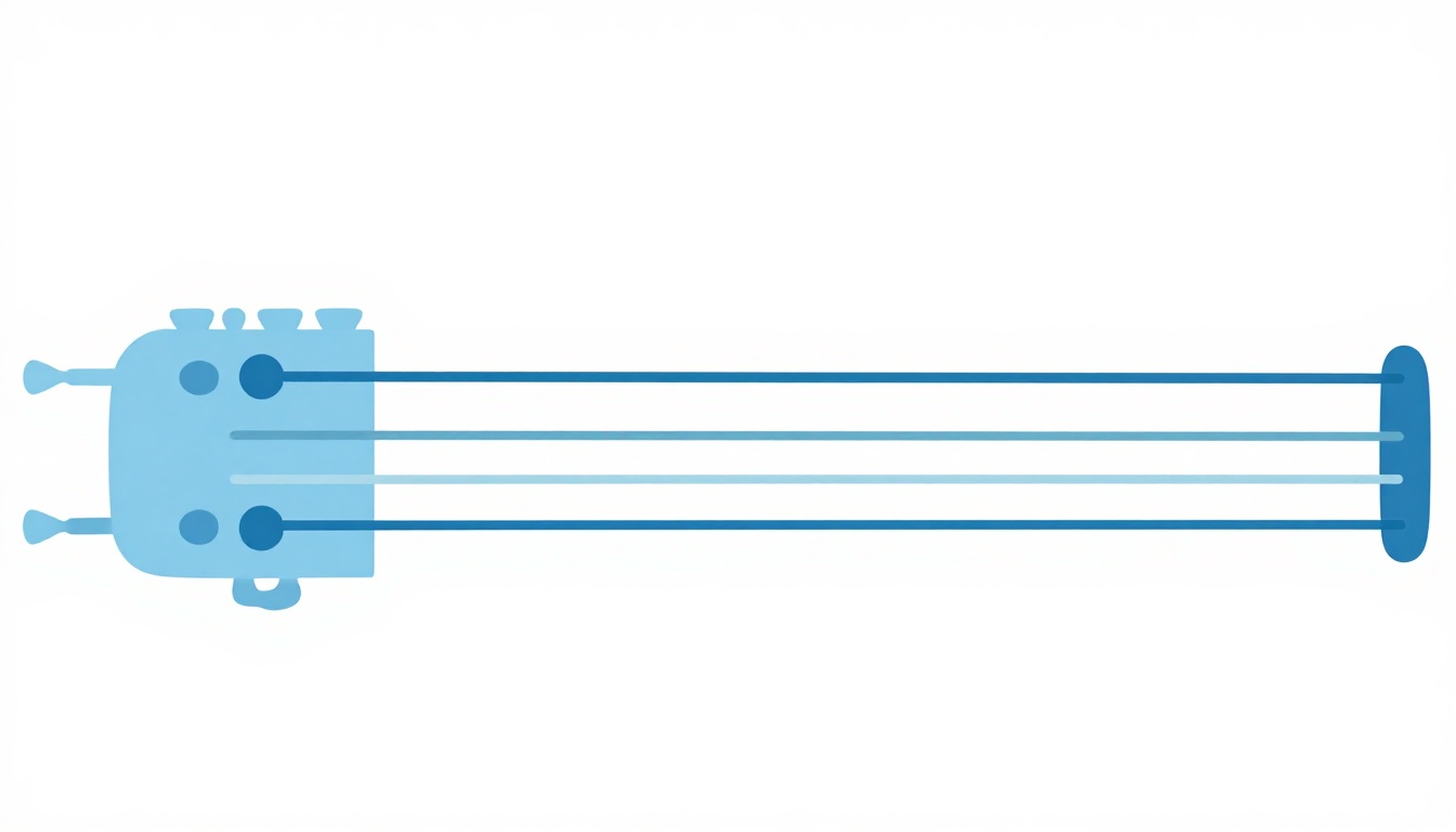 A close-up of a thick, wound low string next to thinner strings on a guitar's fretboard