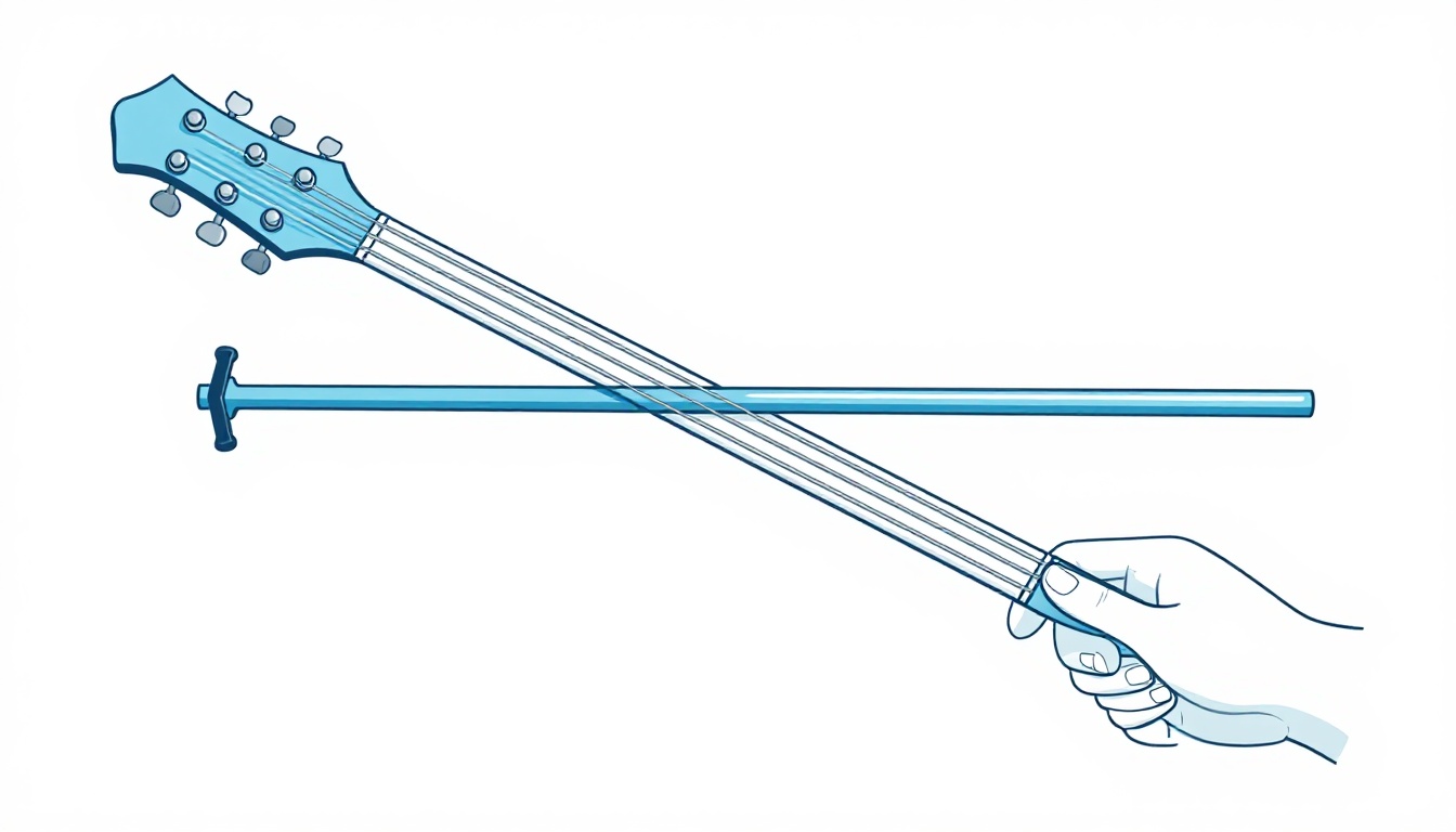 A hand adjusting a truss rod with an Allen wrench near the neck joint of an electric guitar