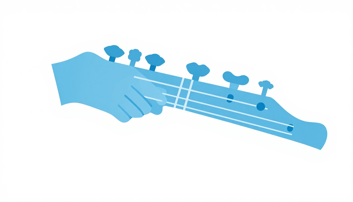 A musician's hand near the headstock of a five-string bass guitar, showing the extra tuning peg