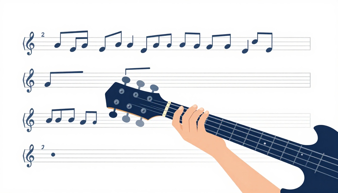 A bass player's hand fretting a note partway up the neck while reading sheet music on a stand