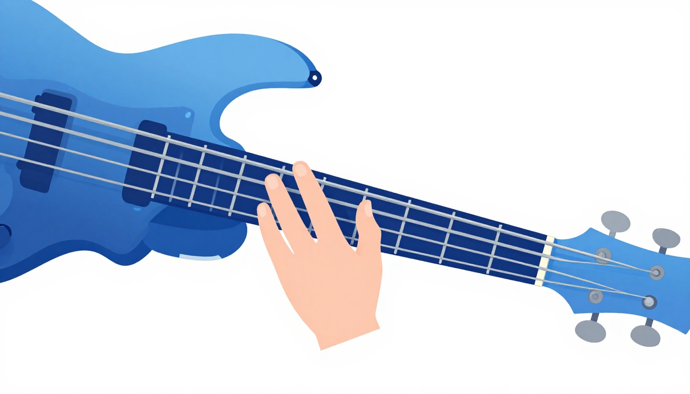 A close-up of a left hand walking up the frets of a bass guitar neck, one finger per fret