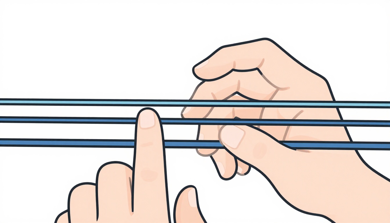 A close-up of fingers reaching across a two-fret span on a bass guitar fretboard