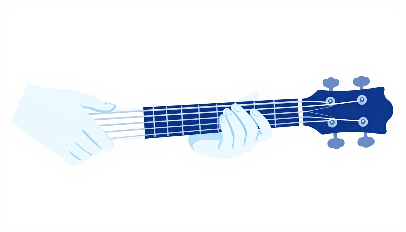 Hands playing near the middle of a five-string bass guitar neck