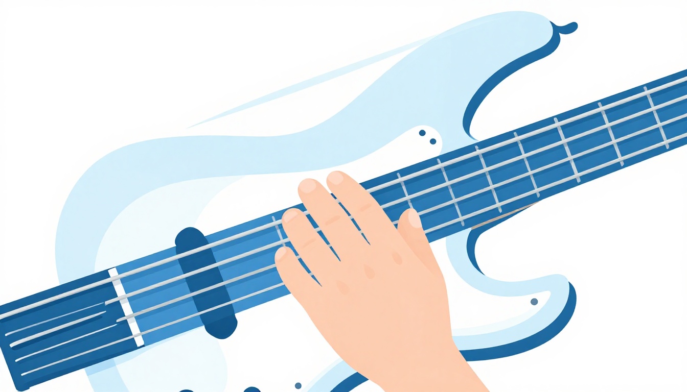A bass player sliding a finger along a string on the neck of an electric bass, hand in motion
