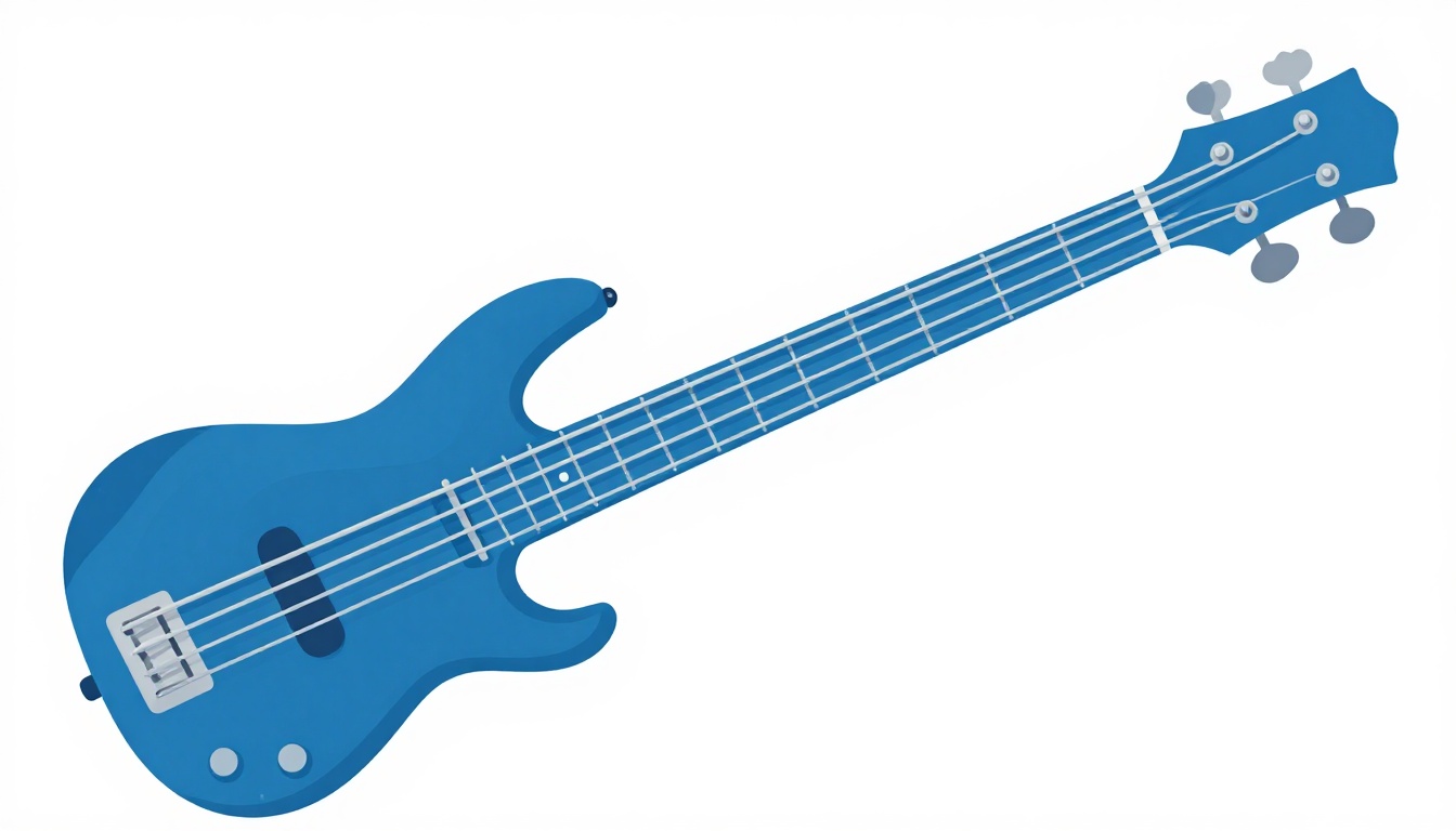 A left hand positioned near the upper frets of a bass guitar neck, closer to the body of the instrument