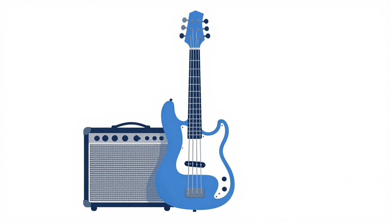 A five-string electric bass guitar leaning upright against a practice amplifier