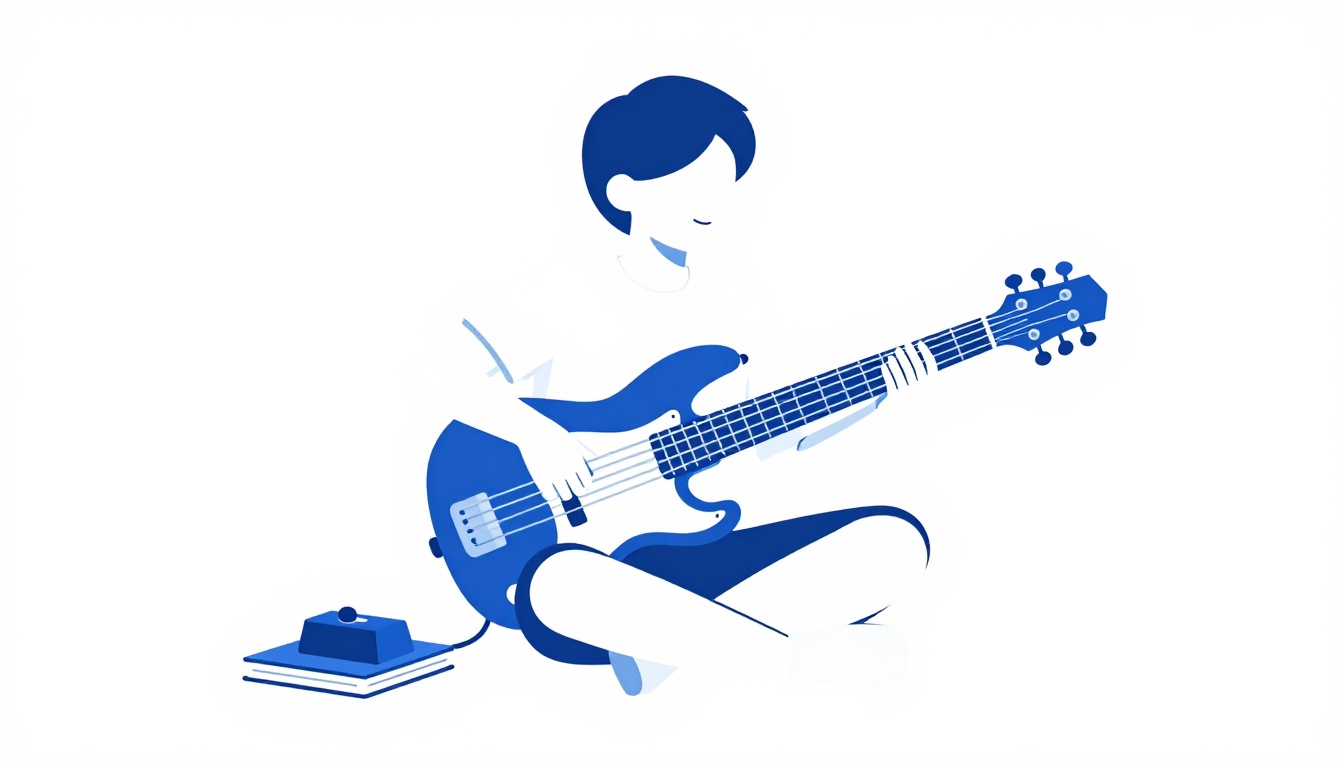 A musician practicing bass guitar alone at home with a metronome and notebook nearby