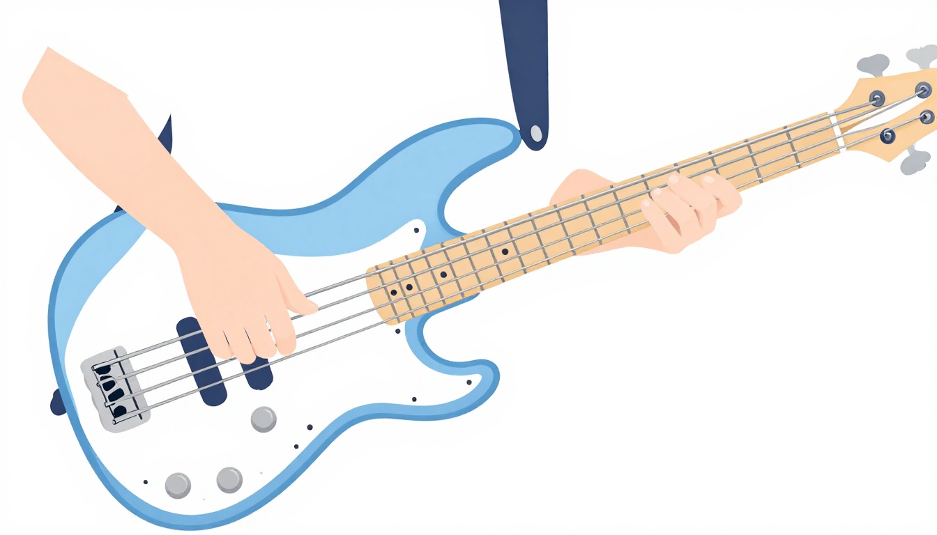 A bassist's fretting hand near the body of the instrument, low on the neck of an electric bass guitar