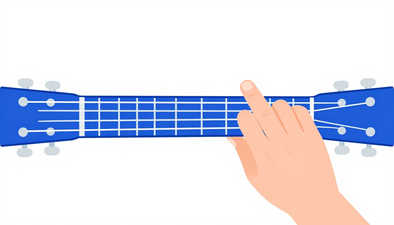 A close-up of a left hand pressing a mini barre across three strings near the third fret of an acoustic guitar neck, with the string below left open and unfretted